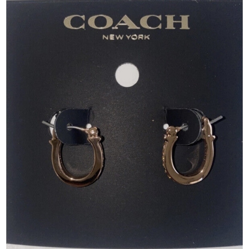 NWT $85 MSRP Coach Pave Signature Huggie Earrings Rose Gold Hinged Back Closure - Picture 3 of 3